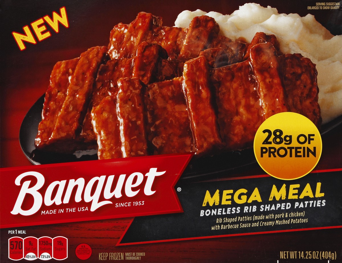 slide 4 of 4, Banquet Mega Meal Boneless Rib Shaped Patties, 14.25 oz