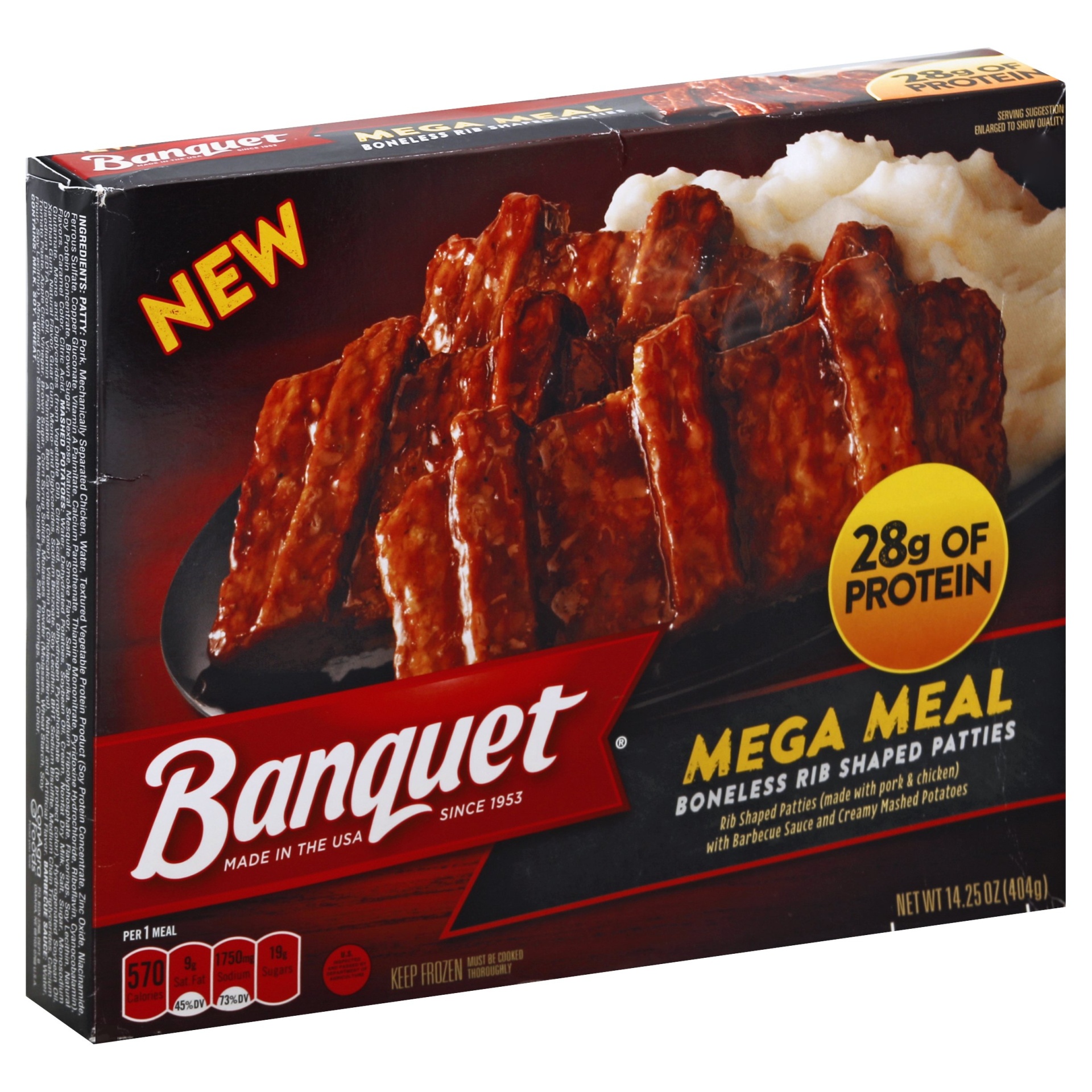 slide 1 of 4, Banquet Mega Meal Boneless Rib Shaped Patties, 14.25 oz