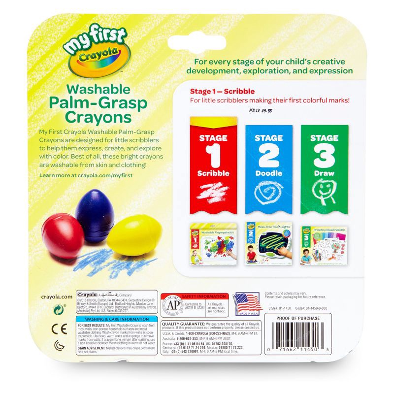 slide 5 of 9, Crayola 3ct Washable Palm Grasp Crayons Stage 1, 3 ct