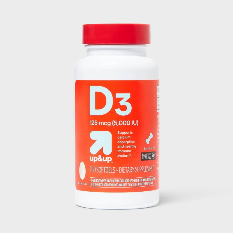 slide 1 of 4, Vitamin D3 5000 IU (125 mcg) Bone Health and Immune Support Softgels - 250ct - up&up™, 250 ct