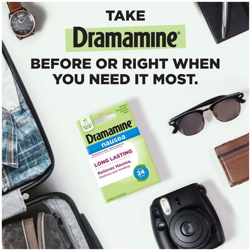 slide 4 of 7, Dramamine-N Long Lasting Nausea Relief Tablets for Nausea, Dizziness & Vomiting - 10ct, 10 ct