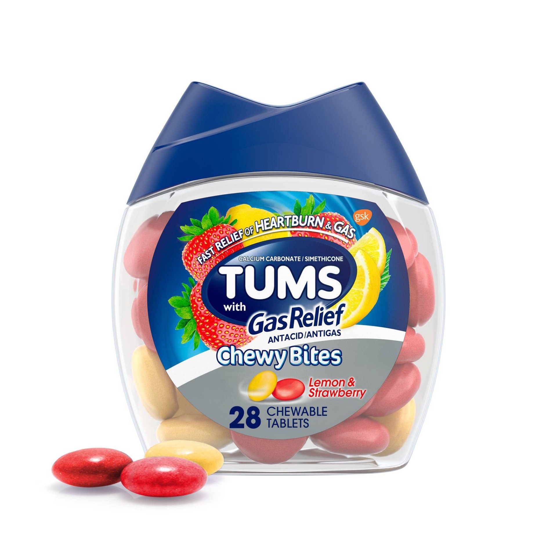 slide 1 of 13, Tums Chewy Bites with Gas Relief - Lemon & Strawberry - 28ct, 28 ct