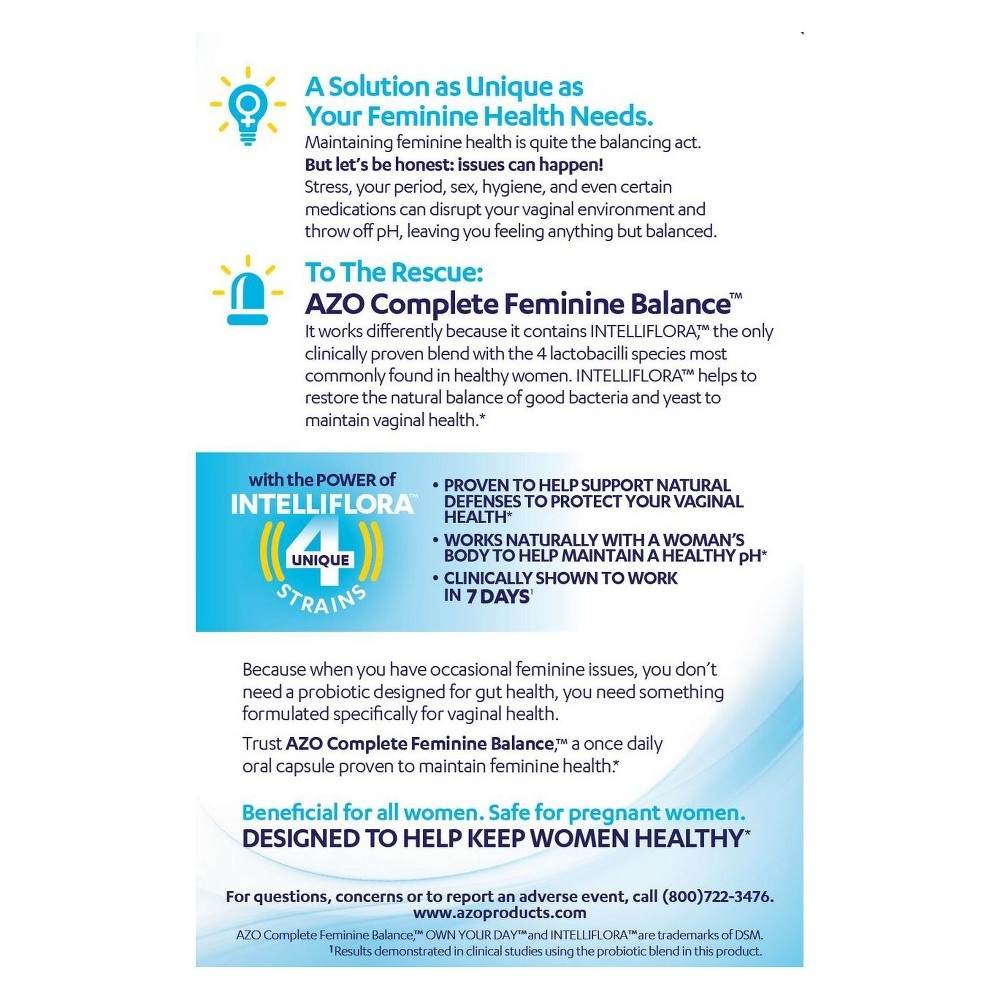 slide 3 of 4, AZO Complete Feminine Balance, Daily Probiotic for Women, Supports Vaginal Health - 30ct, 30 ct