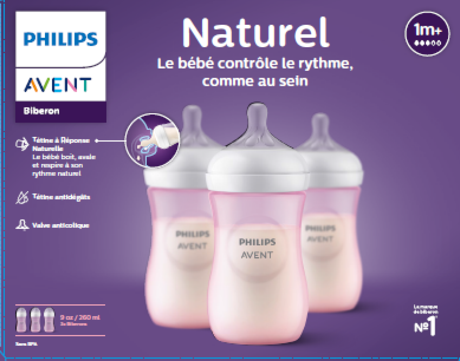 slide 2 of 2, Philips Avent 9 oz Natural 1 Month+ Baby Bottle 3 Each, 3 ct