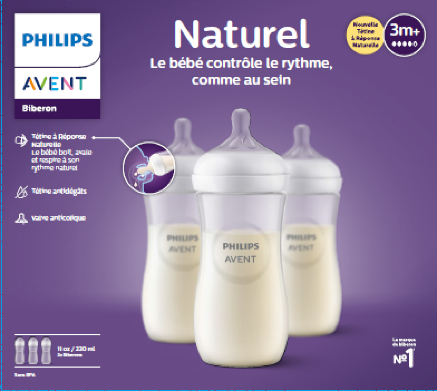 slide 2 of 2, Philips Avent Natural Baby Bottle With Natural Response Nipple, Clear, 11oz, 3pk, SCY906/03, 3 ct