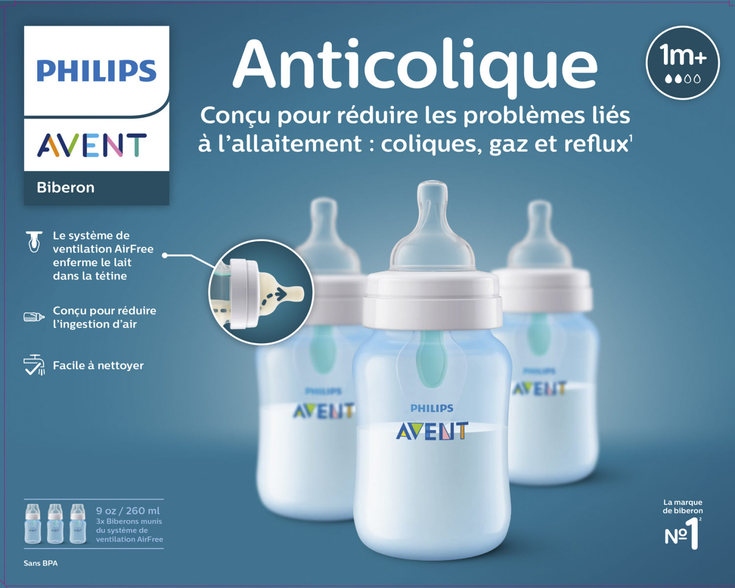 slide 2 of 2, Philips Avent Anti-colic Bottle With AirFree Vent, 9oz, 3pk, Blue, SCY703/23, 3 ct; 9 oz
