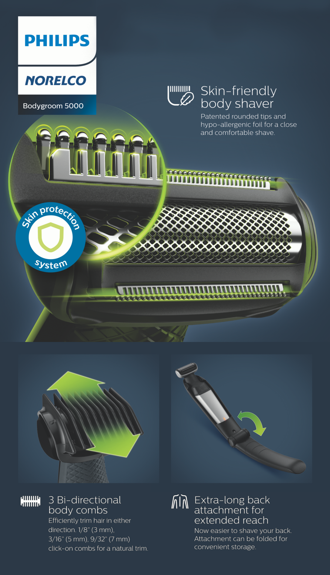 slide 2 of 2, Philips Norelco Bodygroom Series 5000 Showerproof Body & Manscaping Trimmer for Men with Back Attachment for above and below the belt, BG5025/40, 2 ct