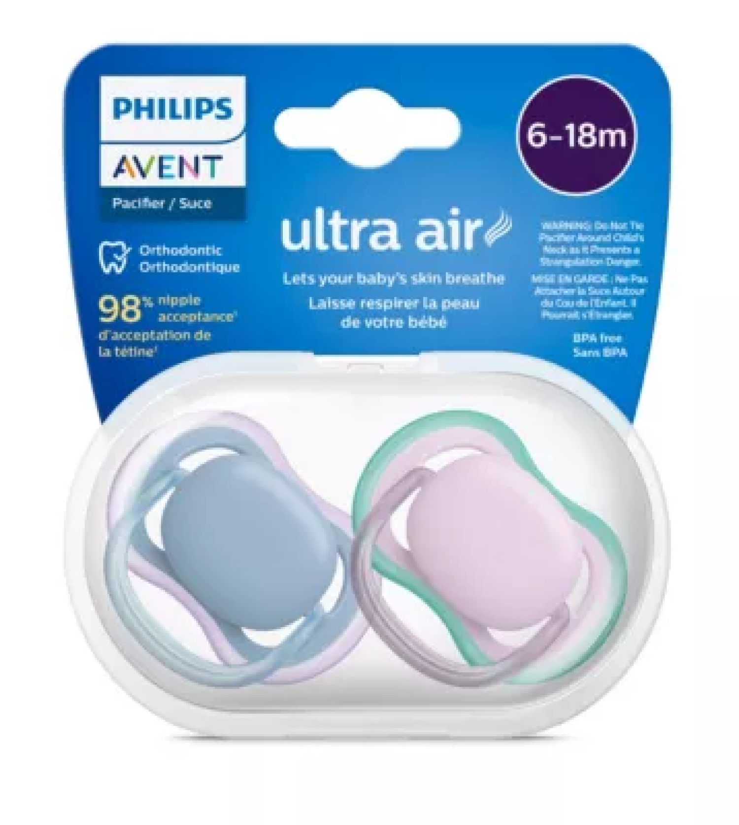 slide 1 of 2, Avent Philips Ultra Air Pacifier 6-18 Months - Blue/Lilac - 2pk, 2 ct