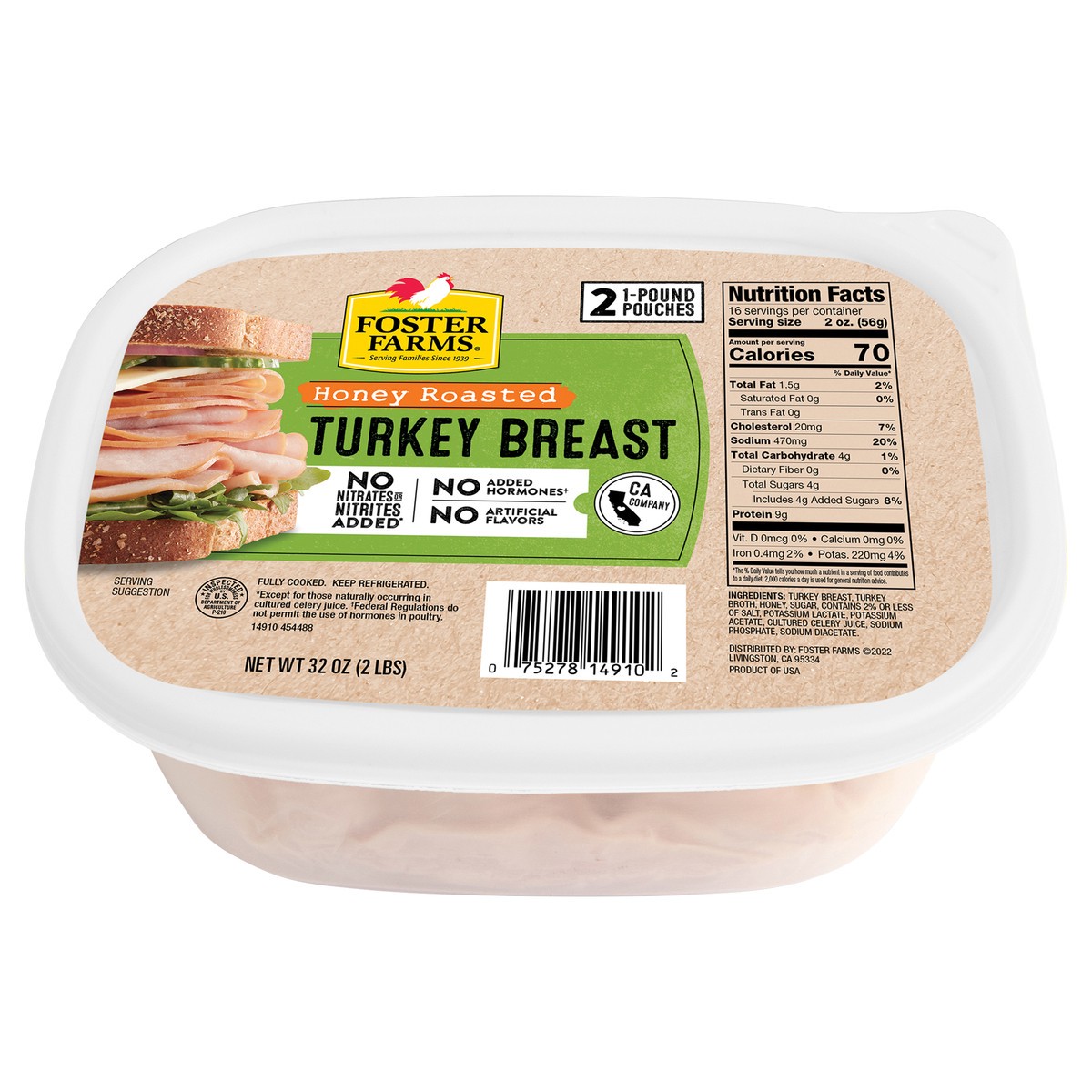 slide 1 of 6, Foster Farms Sliced Honey Roasted Turkey Breast, 2 ct