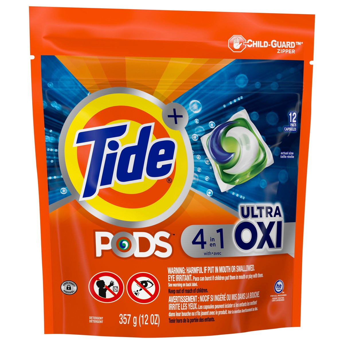 slide 2 of 4, Tide PODS Liquid Laundry Detergent Soap Pacs, 4-n-1 Ultra Oxi, HE Compatible 12 Count, Built in Pre-treater for Stains, 12 ct