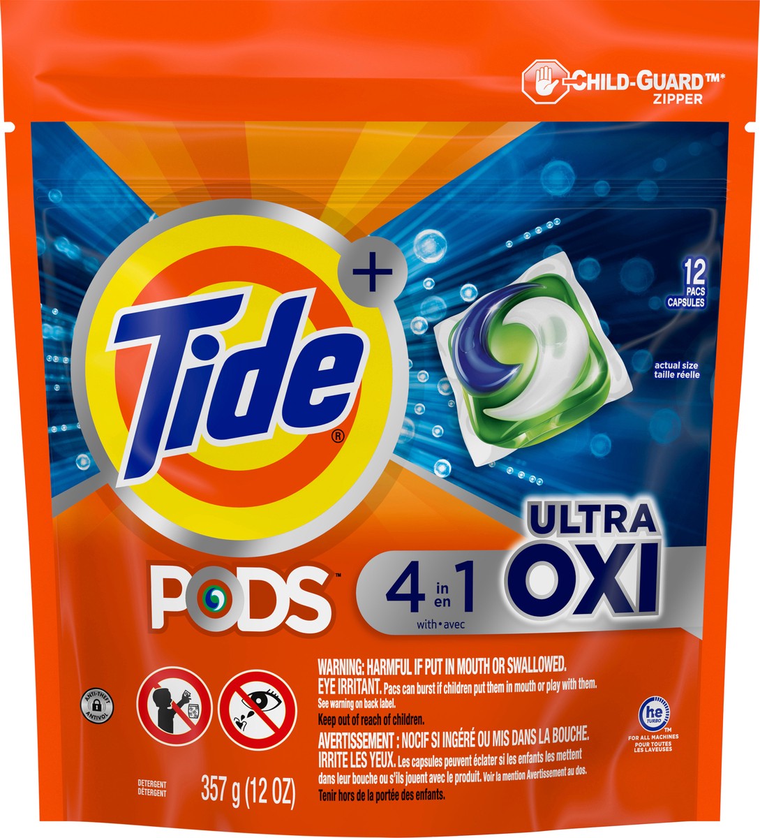 slide 4 of 4, Tide PODS Liquid Laundry Detergent Soap Pacs, 4-n-1 Ultra Oxi, HE Compatible 12 Count, Built in Pre-treater for Stains, 12 ct