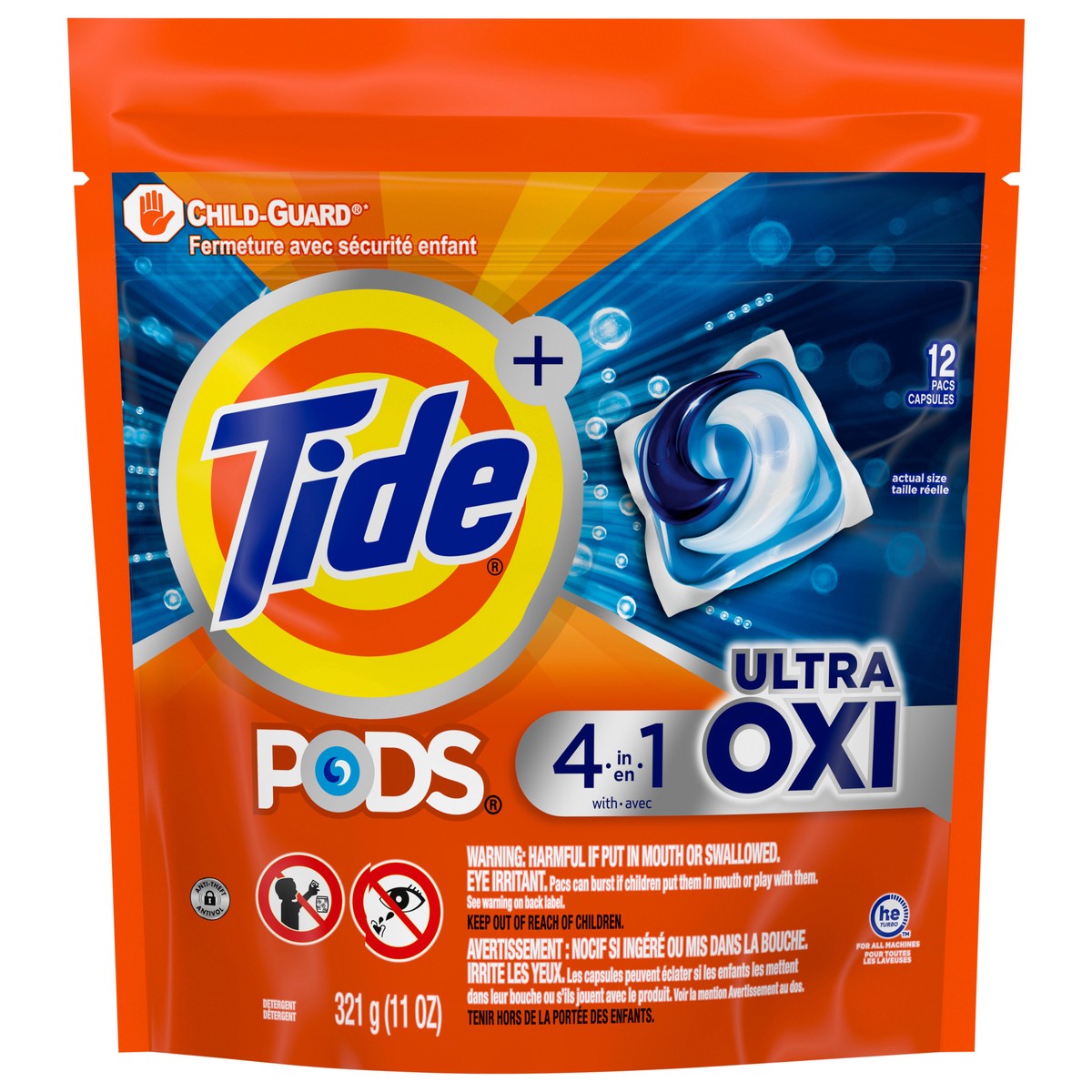 slide 1 of 4, Tide PODS Liquid Laundry Detergent Soap Pacs, 4-n-1 Ultra Oxi, HE Compatible 12 Count, Built in Pre-treater for Stains, 12 ct