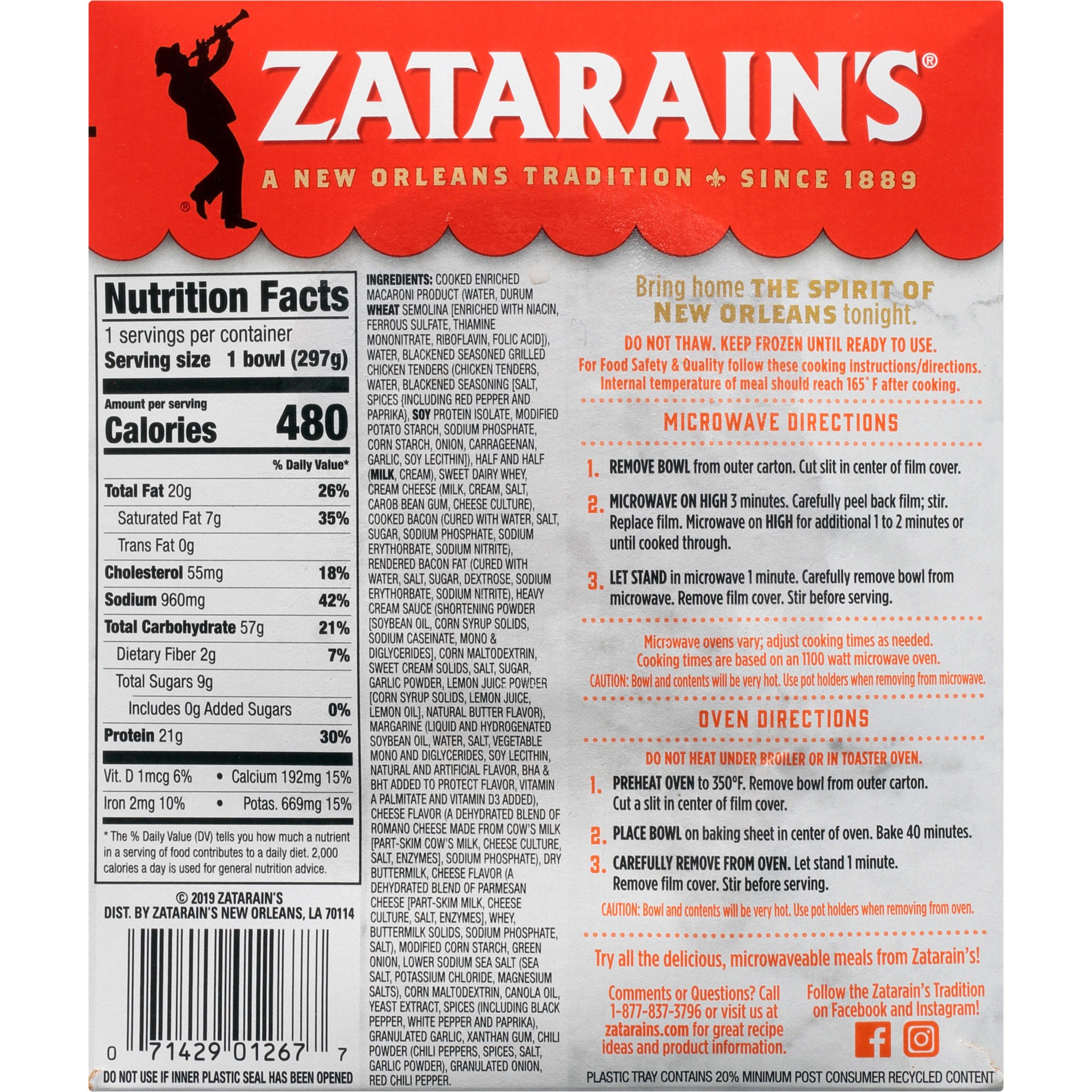 slide 4 of 5, Zatarain's Frozen Cajun-Style Chicken Carbonara, 10.5 oz
