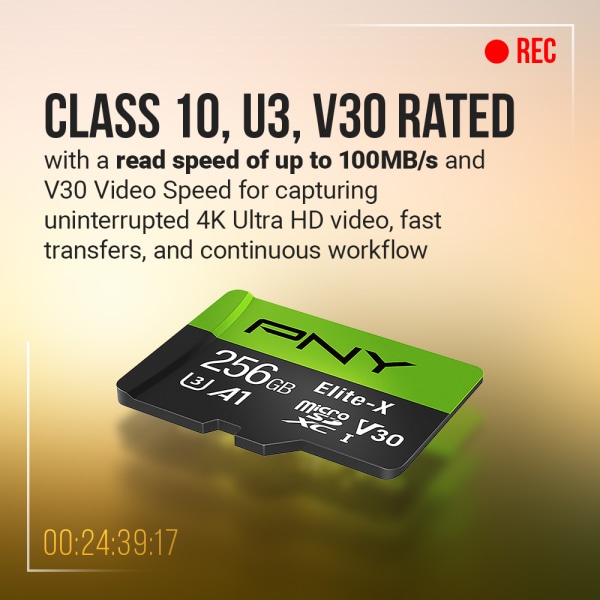 slide 7 of 7, PNY Elite-X Class 10 U3 V30 Microsdxc Flash Memory Card, 256Gb, 1 ct