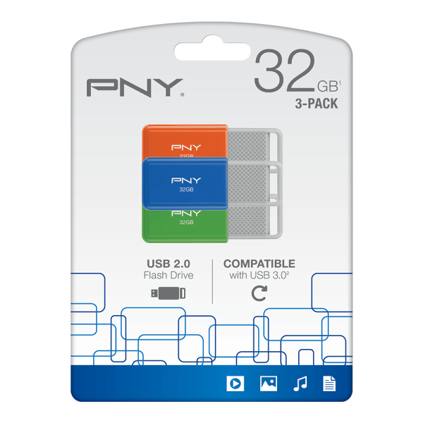 slide 2 of 5, PNY Usb 2.0 Flash Drives, 32Gb, Assorted Colors, Pack Of 3 Drives, 3 ct