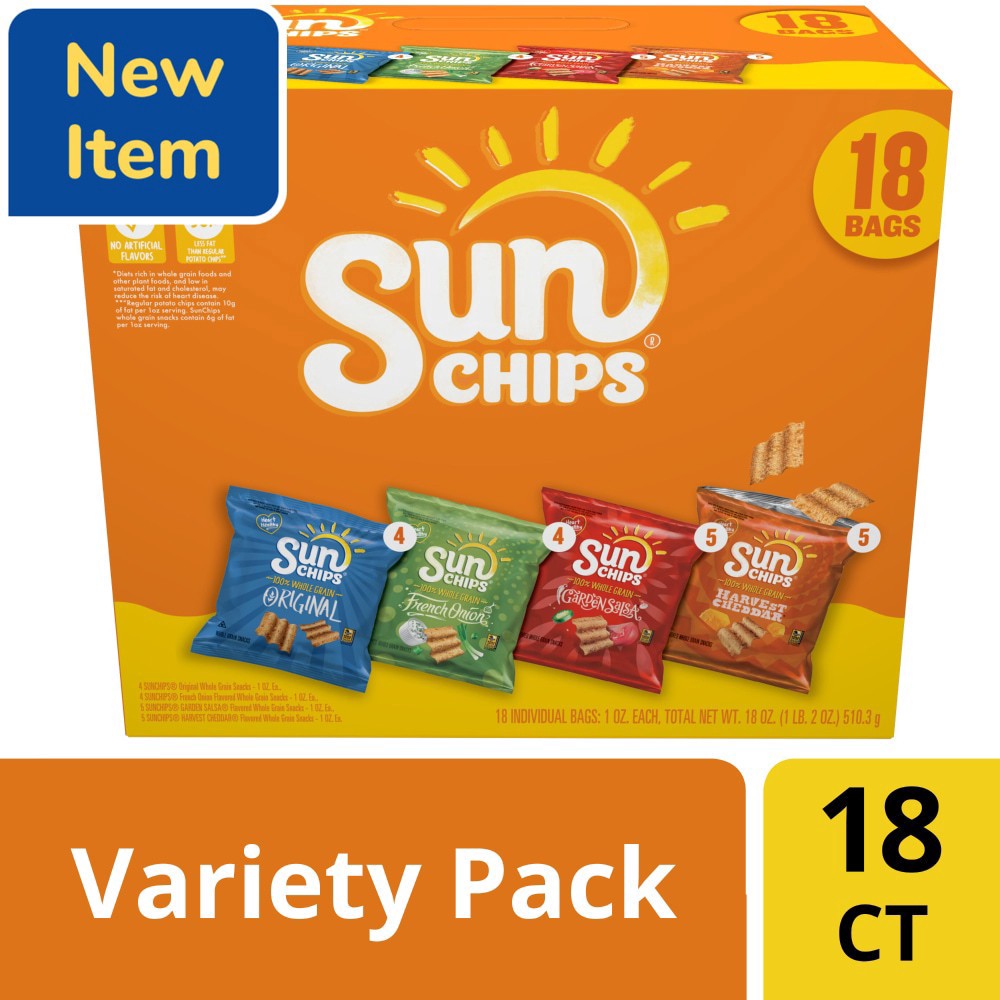 slide 4 of 5, SunChips Whole Grain Snacks Variety Pack 18 Oz, 18 Count, 18 ct