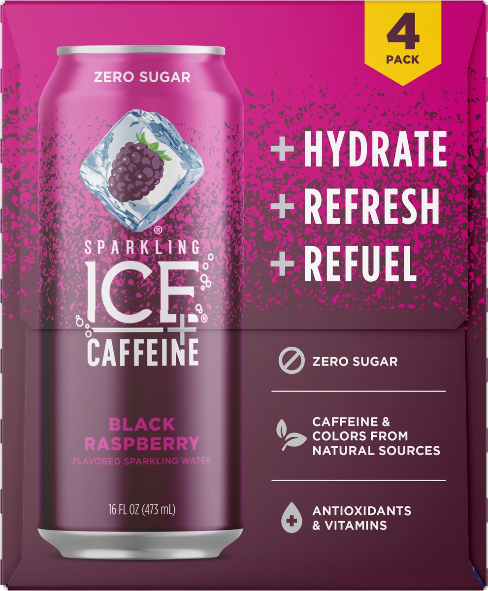 slide 8 of 11, Sparkling ICE + Caffeine 4 Pack Zero Sugar Black Raspberry Sparkling Water 4-16 fl oz Cans, 4 ct; 16 fl oz