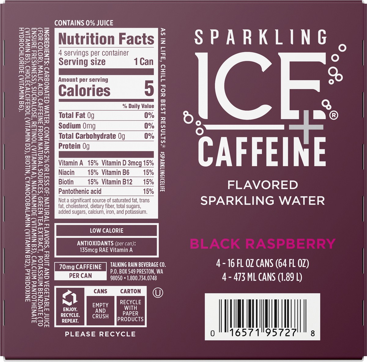 slide 2 of 11, Sparkling ICE + Caffeine 4 Pack Zero Sugar Black Raspberry Sparkling Water 4-16 fl oz Cans, 4 ct; 16 fl oz