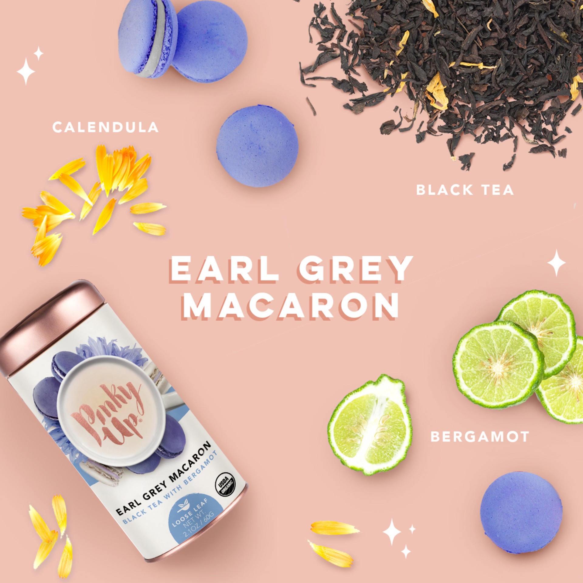 slide 4 of 5, Pinky Up Earl Grey Macaron Loose Leaf Tea | Whole Leaf Organic Black Tea, 40-60mg Caffeine Per Serving, Naturally Calorie Free & Gluten Free | 2.5 Ounce Tin, 25 Servings, 1 cnt