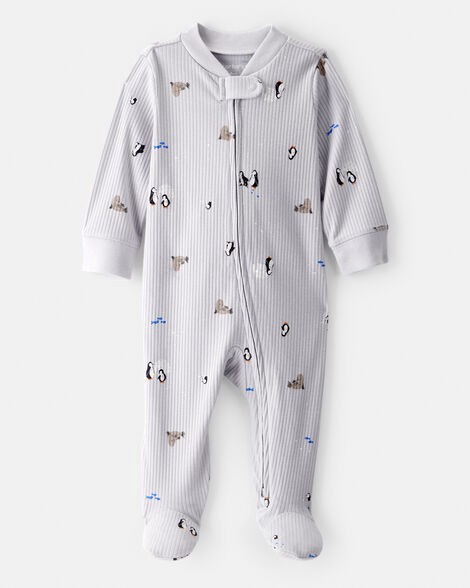 slide 1 of 3, Carter's Carters Baby Penguin Print Cotton Long-Sleeve Sleep & Play - Grey Grey NB, 1 ct