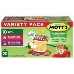 Mott's No Sugar Added Applesauce Variety Pack, 3.2 oz pouches, 20 pack