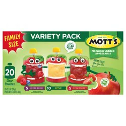 Mott's No Sugar Added Applesauce Variety Pack, 3.2 oz clear pouches, 20 pack