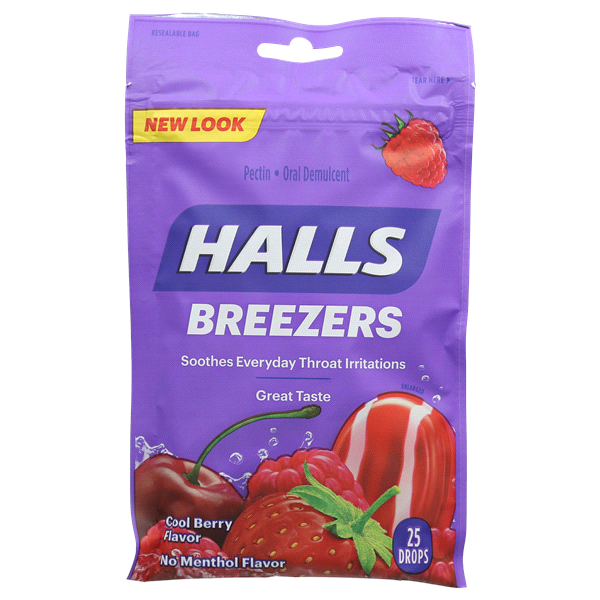 slide 1 of 1, Halls Fruit Breezer Bag Cool Berry Cough Drops, 25 ct