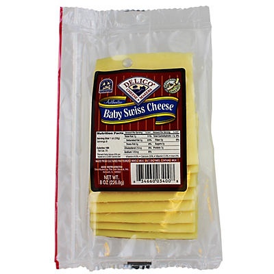 slide 1 of 1, Delico Baby Swiss Sliced Cheese, 8 oz