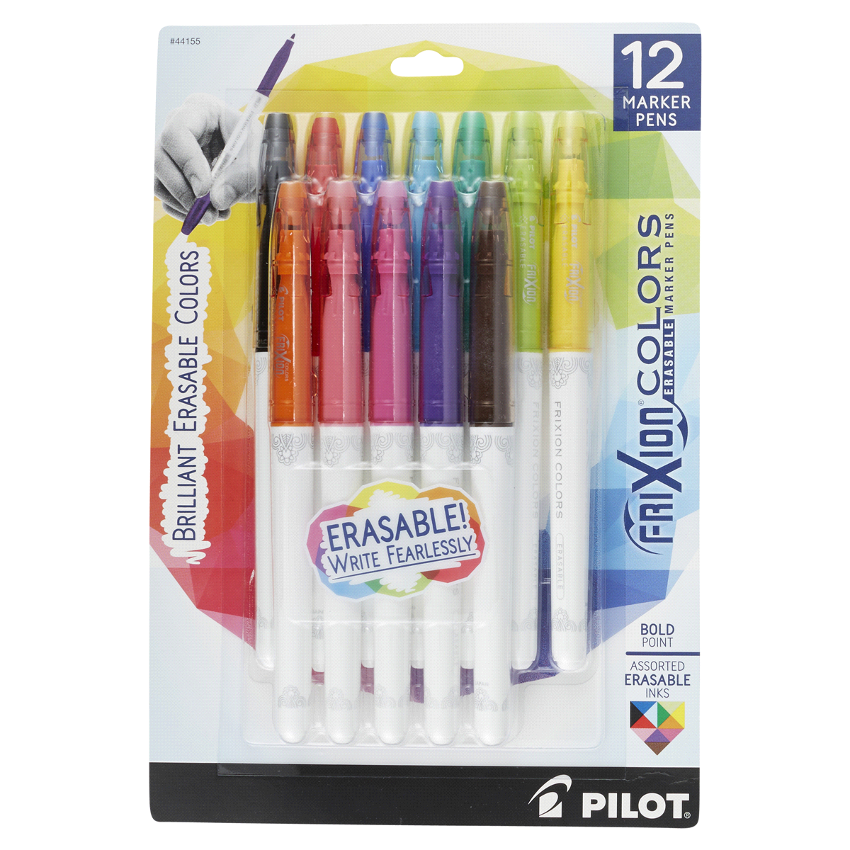 slide 1 of 1, Pilot FriXion Colors Erasable Marker Pen, Bold Point, Assorted Ink (Black, Blue, Green, Orange, Purple, Red, Light Blue, Lime, Yellow, Light Pink, Pink, Brown), 12 ct