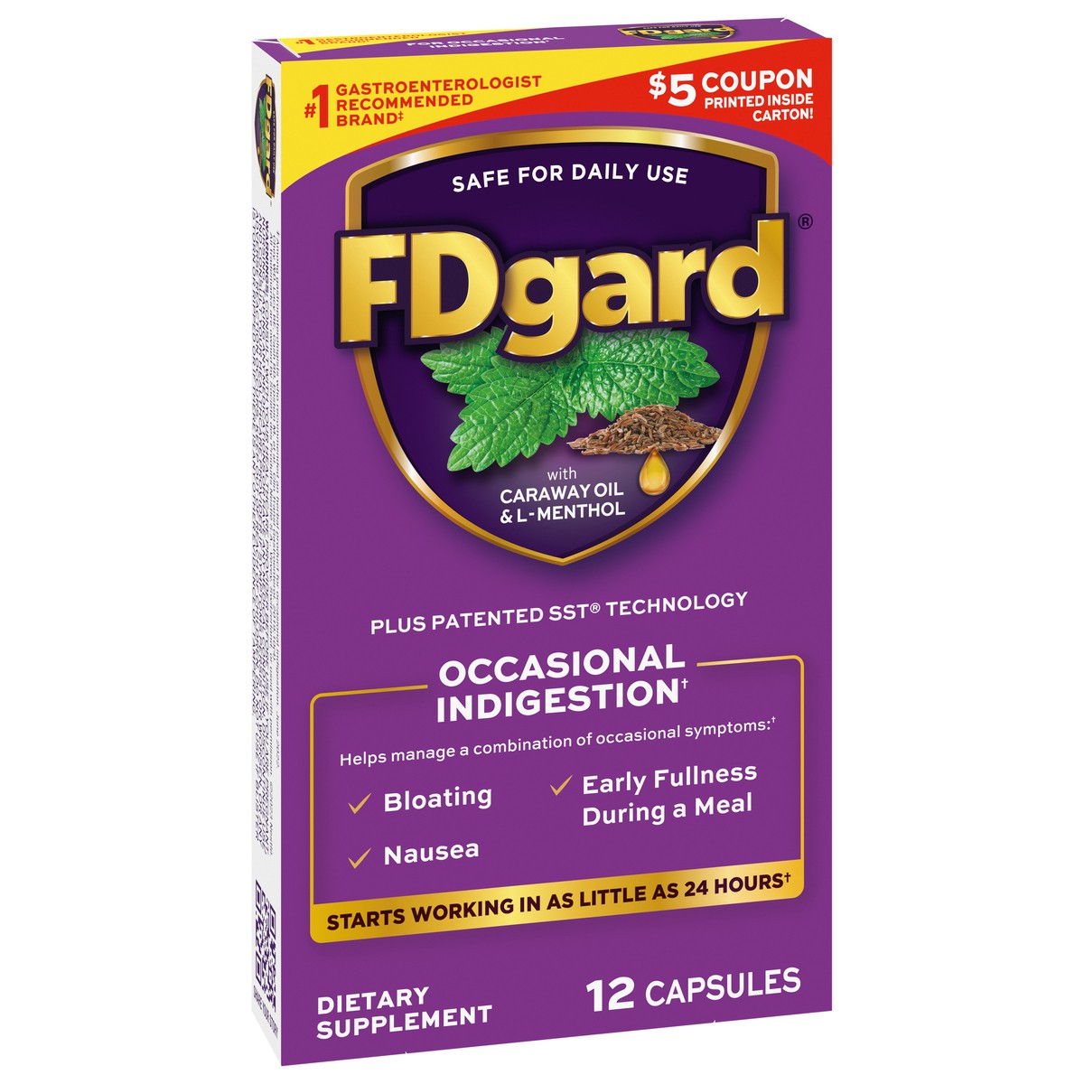 slide 4 of 9, FDgard Dietary Supplement to Help Manage Meal-Triggered Indigestion†, 12 Capsules, 0.18 oz