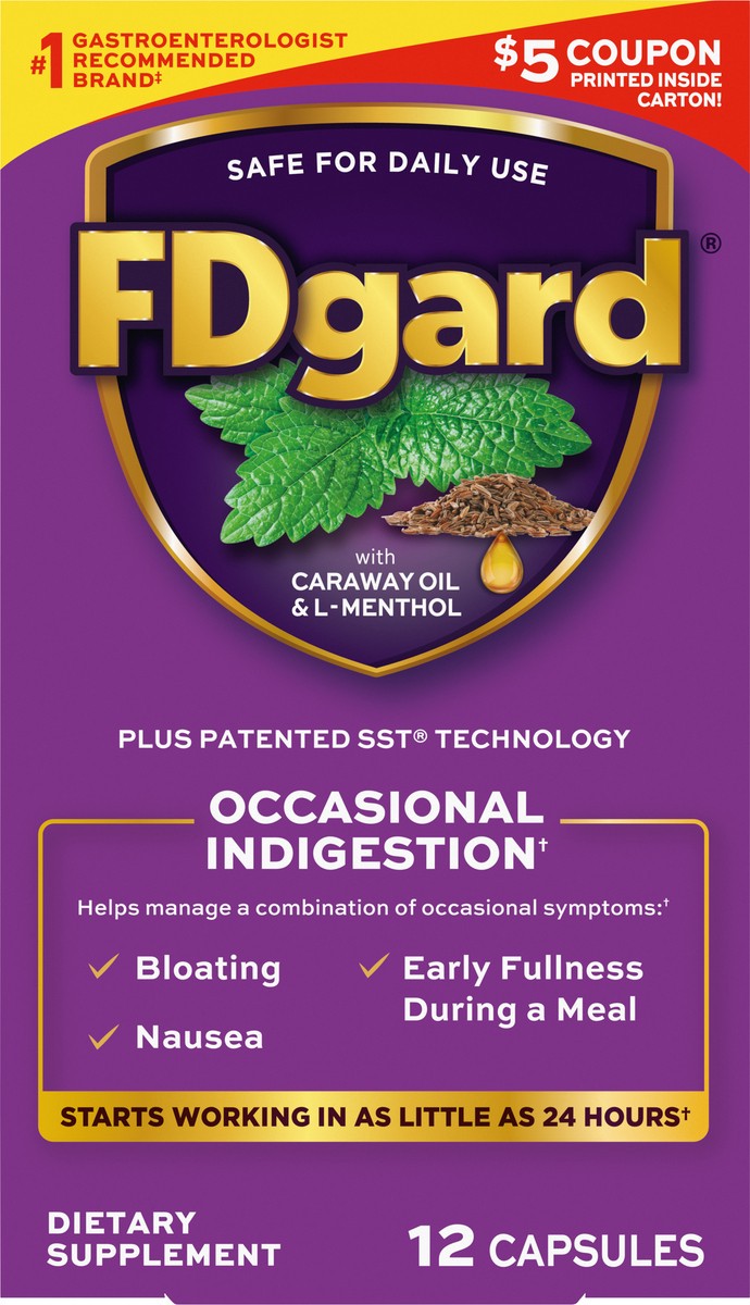 slide 6 of 9, FDgard Dietary Supplement to Help Manage Meal-Triggered Indigestion†, 12 Capsules, 0.18 oz