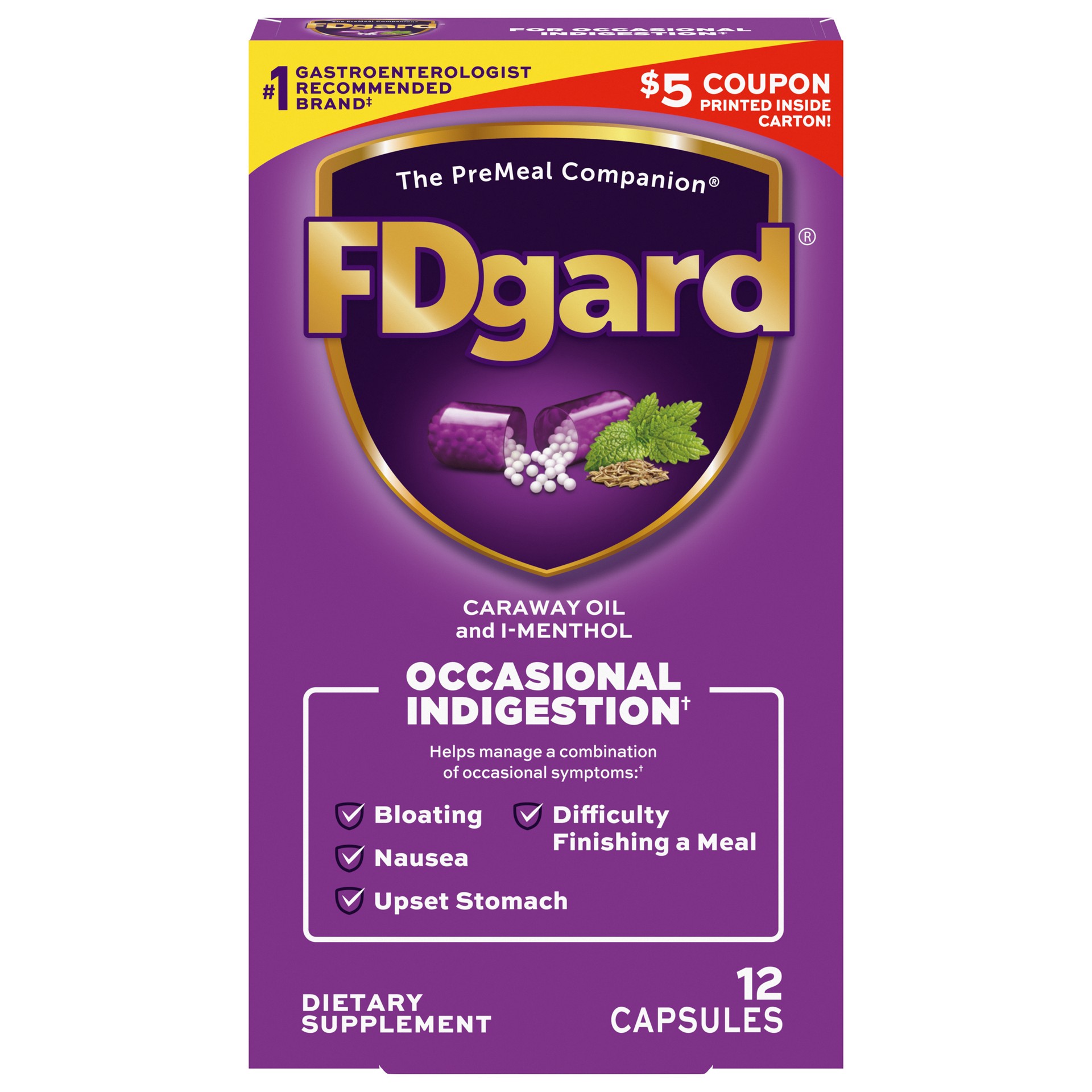 slide 1 of 9, FDgard Dietary Supplement to Help Manage Meal-Triggered Indigestion†, 12 Capsules, 0.18 oz