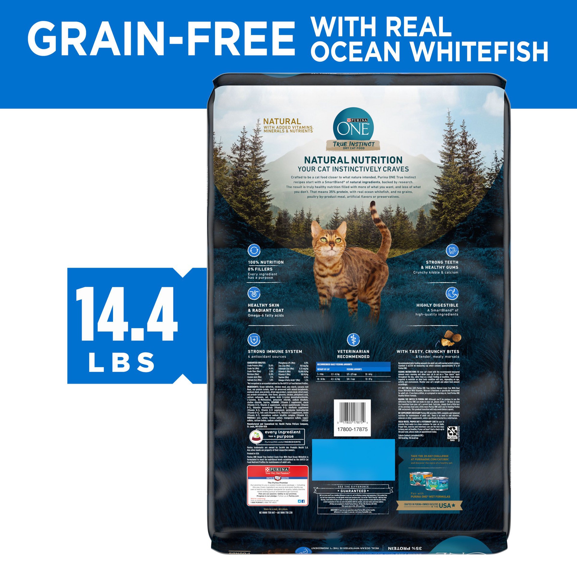 slide 5 of 9, ONE Purina ONE Natural, High Protein, Grain Free Dry Cat Food, True Instinct With Real Ocean Whitefish, 14.40 lb