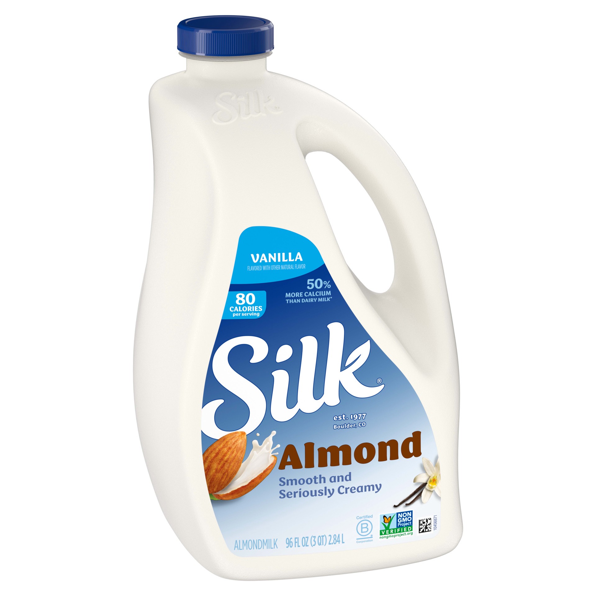 slide 5 of 5, Silk Almond Milk, Vanilla, Dairy Free, Gluten Free, Seriously Creamy Vegan Milk with 50% More Calcium than Dairy Milk, 96 FL OZ Large, 96 fl oz