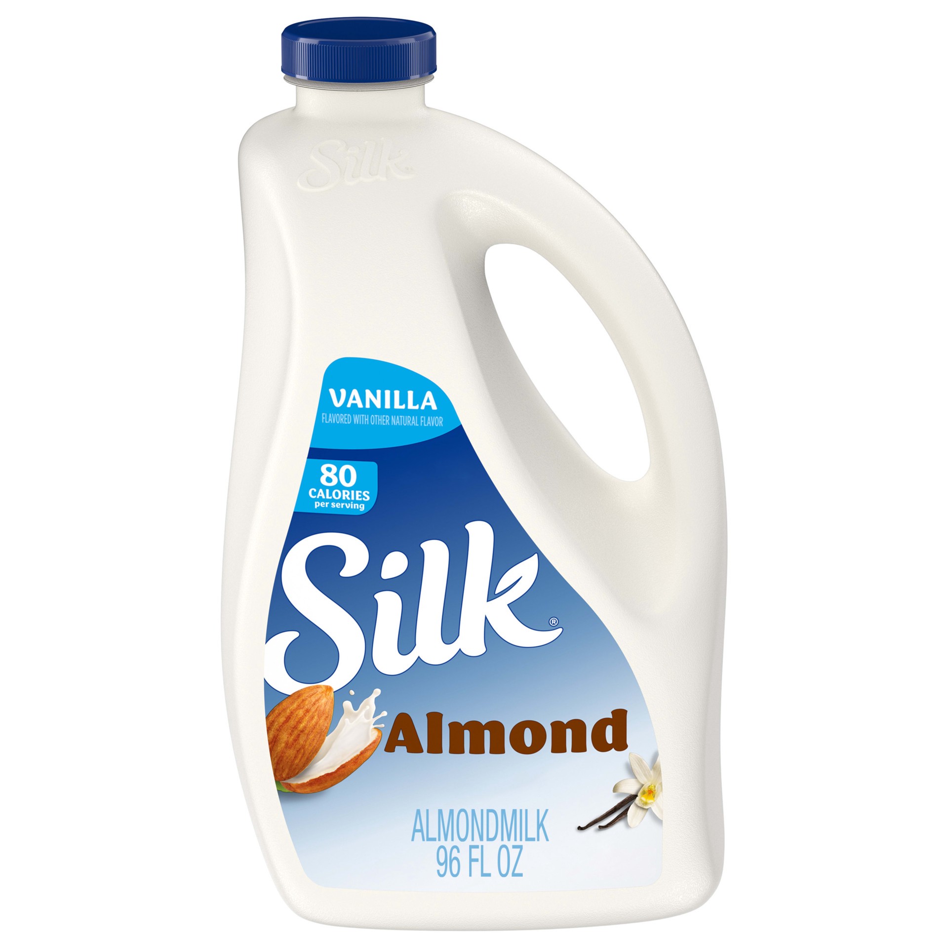 slide 1 of 5, Silk Almond Milk, Vanilla, Dairy Free, Gluten Free, Seriously Creamy Vegan Milk with 50% More Calcium than Dairy Milk, 96 FL OZ Large, 96 fl oz