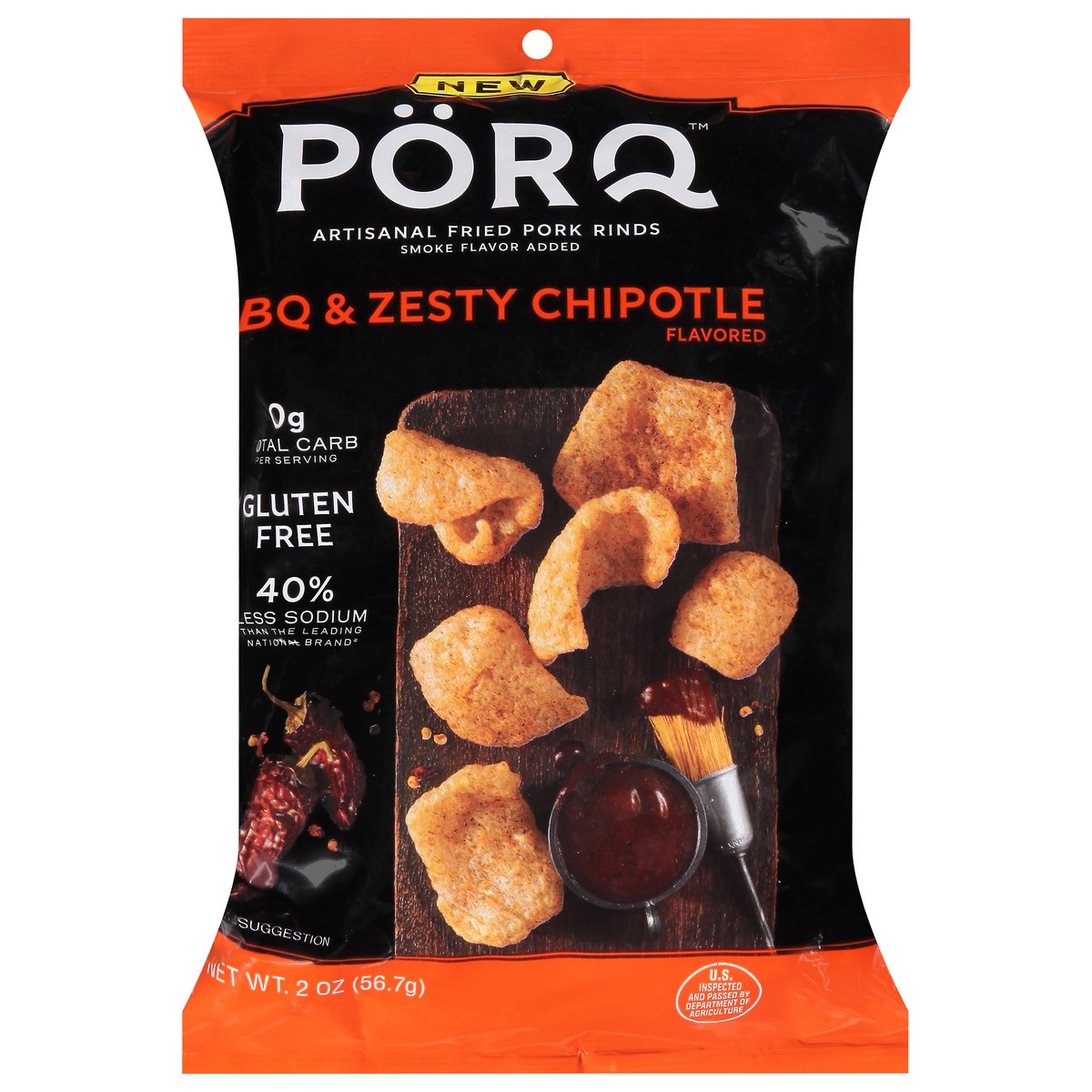 slide 1 of 1, PorQ Artisanal Fried BBQ & Zesty Chipotle Flavored Pork Rinds 2 oz, 2 oz