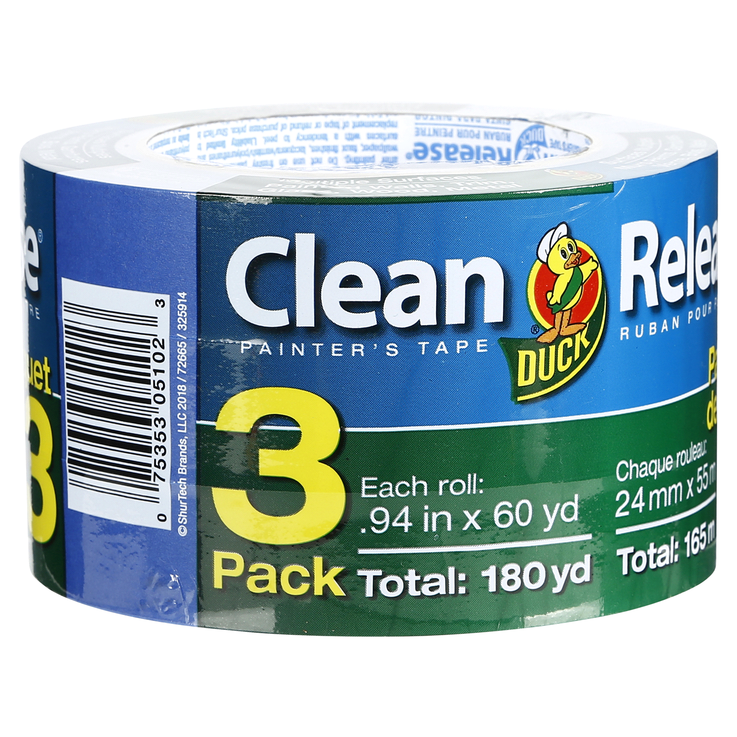 slide 4 of 5, DUCK BLUE PAINTER TAPE 3PK .94" X 60yd, 3 ct