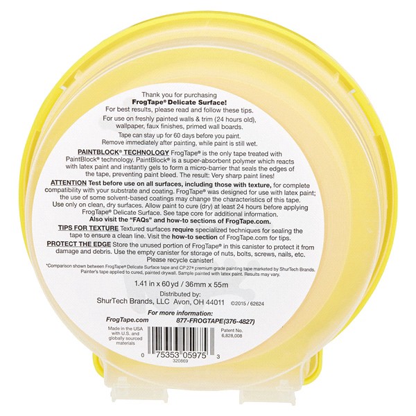 slide 12 of 29, DUCK FrogTape Delicate Surface Painting Tape, Yellow, 1.41 in. x 60 yd., 60 yd x 1.31 in