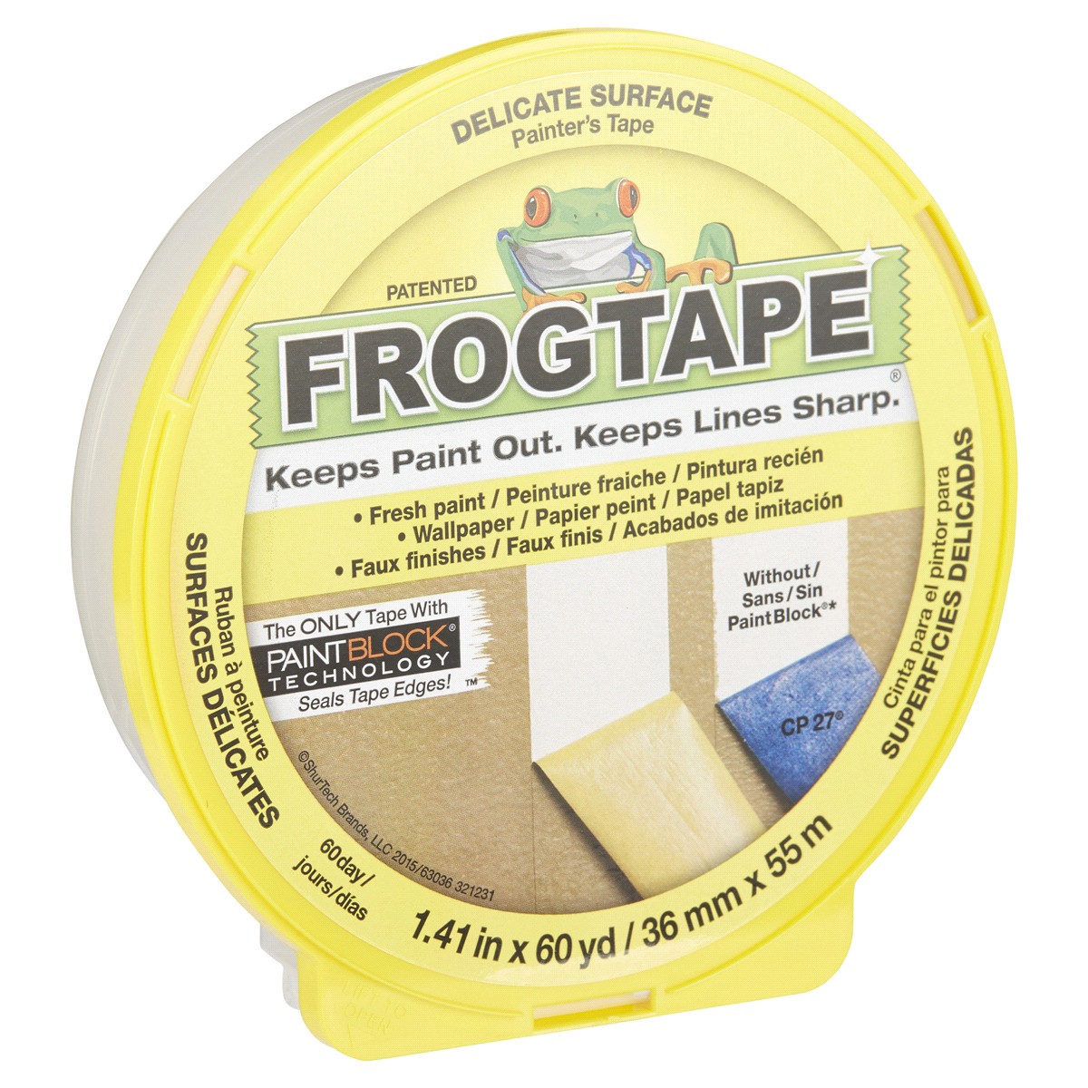 slide 6 of 29, DUCK FrogTape Delicate Surface Painting Tape, Yellow, 1.41 in. x 60 yd., 60 yd x 1.31 in