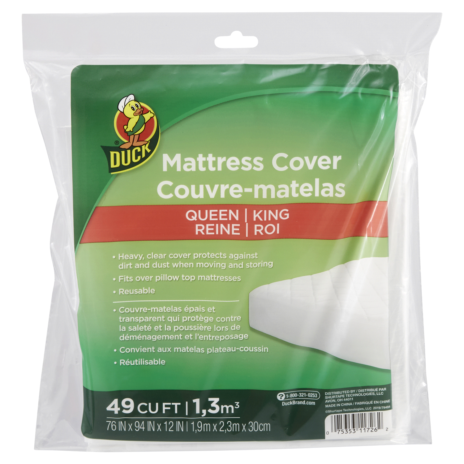 slide 1 of 5, Duck Plastic Storing And Moving Mattress Cover - Clear - Queen/King, 1 ct