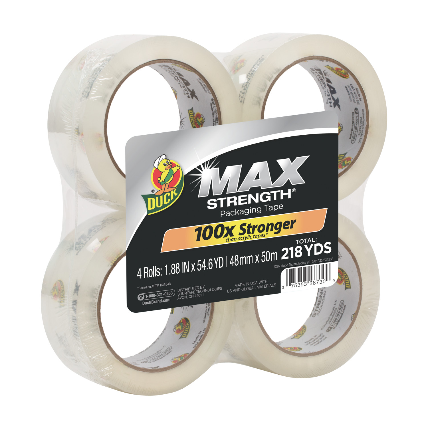 slide 1 of 3, Duck Max Strength Packing Tape - Clear, 1.88 in. x 54.6 yd., 4 ct