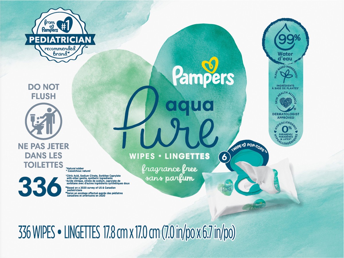 slide 2 of 2, Pampers Aqua Pure Sensitive Baby Wipes, 99% Water, Hypoallergenic, Unscented Baby Wipes, 336 Baby Wipes Total (6X Flip-Top Packs), 336 ct