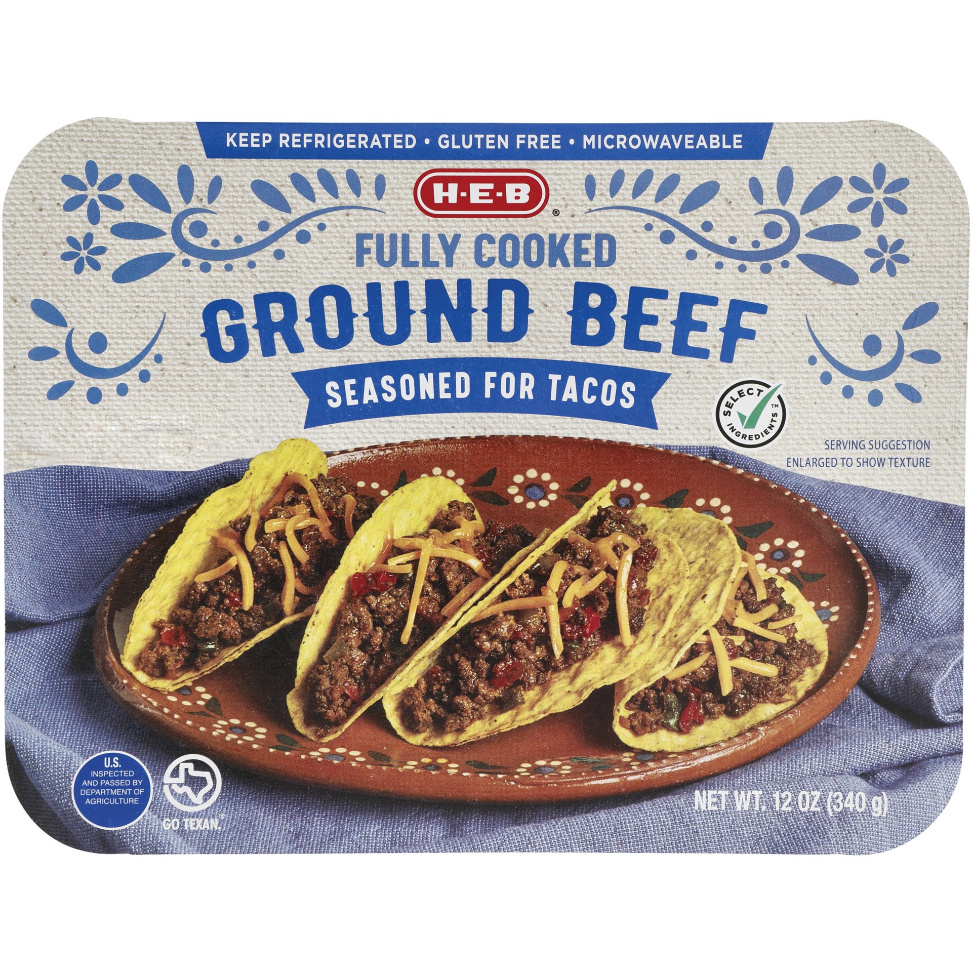 slide 1 of 1, H-E-B Fully Cooked Seasoned Ground Beef for Tacos, 12 oz