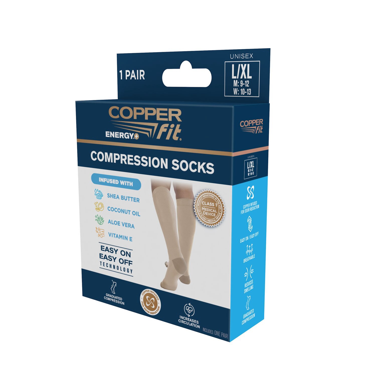 slide 6 of 6, Copper Fit Energy Hydration Sock, Beige, L/Xl, 1 ct