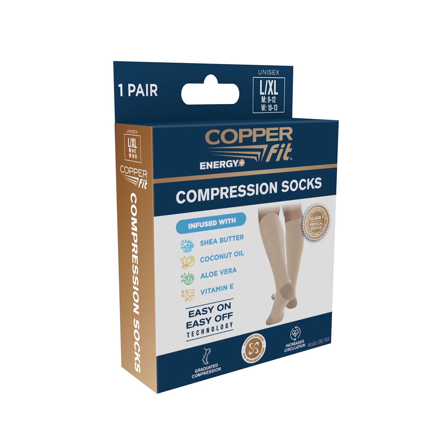 slide 3 of 6, Copper Fit Energy Hydration Sock, Beige, L/Xl, 1 ct