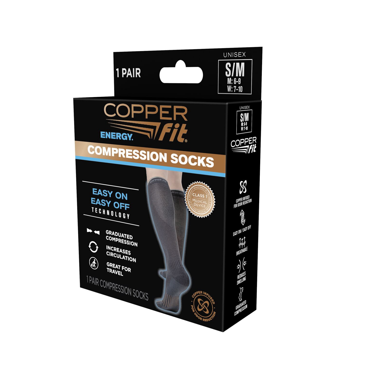 slide 5 of 6, Copper Fit Energy Compression Sock, Black, S/M, SM/MED