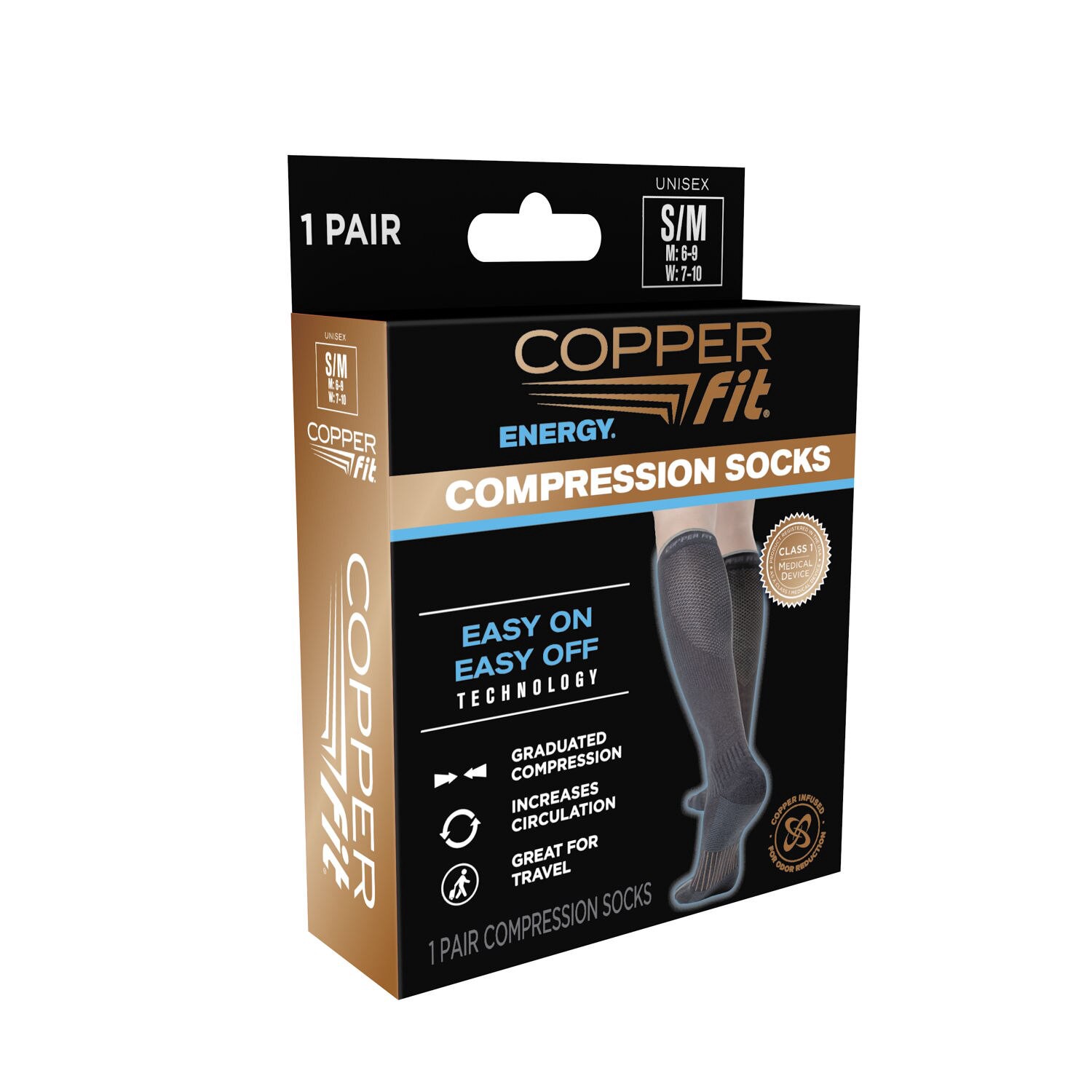 slide 6 of 6, Copper Fit Energy Compression Sock, Black, S/M, SM/MED