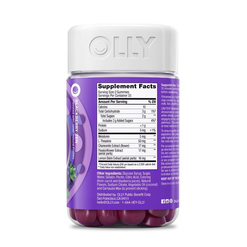 slide 6 of 10, OLLY 3mg Melatonin Sleep Gummies - Blackberry Zen - 70ct, 3mg, 70 ct
