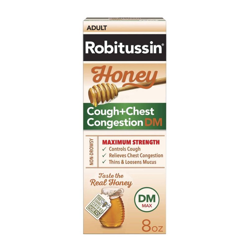 slide 1 of 9, Robitussin Cough + Chest Congestion DM MAX Relief Liquid - Dextromethorphan - Honey - 8 fl oz, 8 fl oz