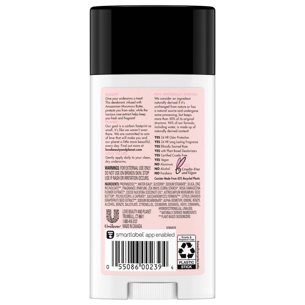 slide 2 of 4, Love Beauty and Planet Love Beauty & Planet Aluminum Free Murumuru Butter & Rose Pampering Deodorant Stick, 2.95 oz